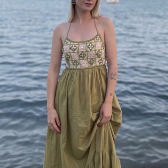 ZARA Mixed Beaded Crochet Lace Dress Halter Backless Khaki Midi-Maxi Dress - Picture 7 of 10